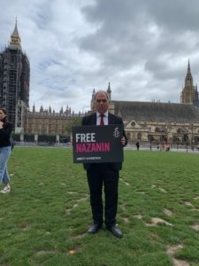 Bambos in Parliament Square for the Free Nazanin campaign with Amnesty UK