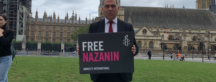 Bambos in Parliament Square for the Free Nazanin campaign with Amnesty UK