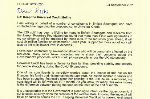 Letter to chancellor on universal credit