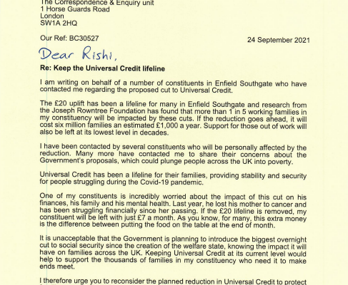 Letter to chancellor on universal credit