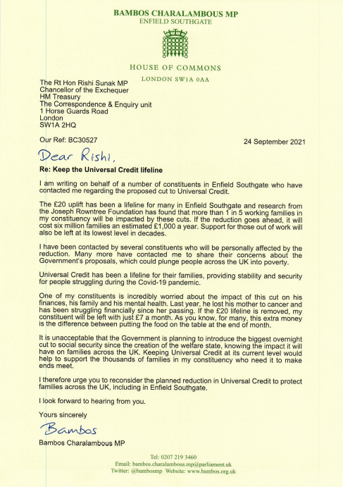 Letter to chancellor on universal credit