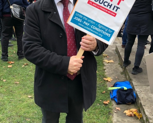 Bambos campaigning with Unite outside Parliament