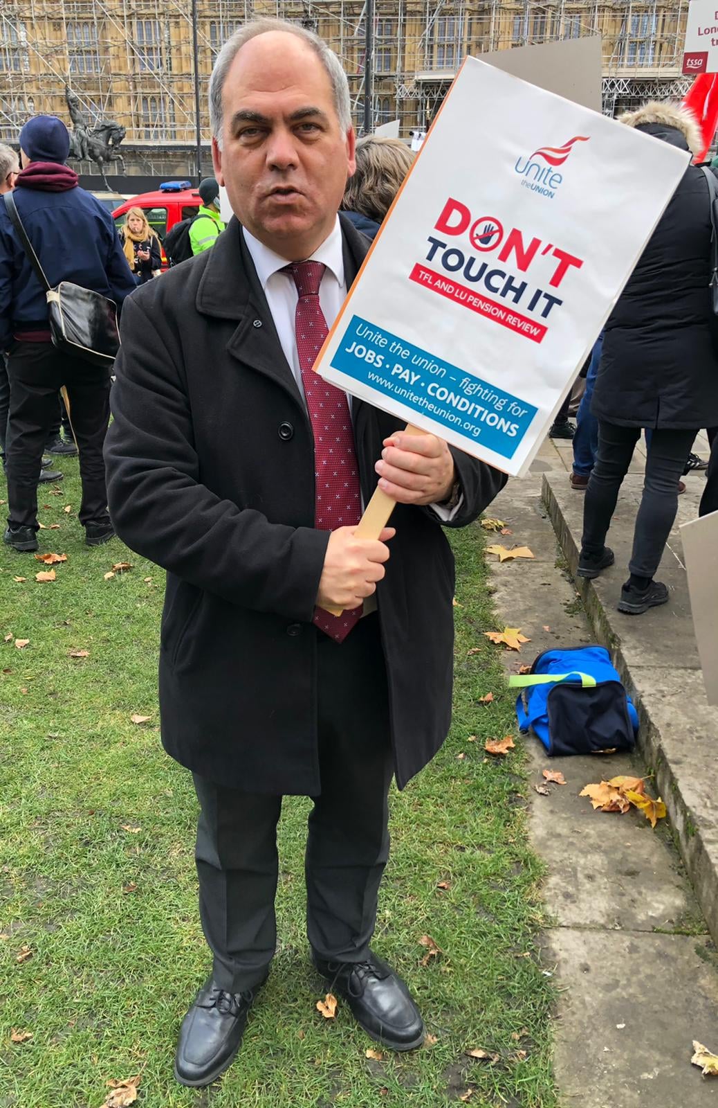 Bambos campaigning with Unite outside Parliament