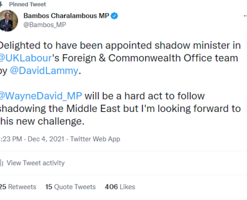 Tweet from Bambos Charalambous on new role as Shadow Foreign Office Minister for Middle East and North Africa