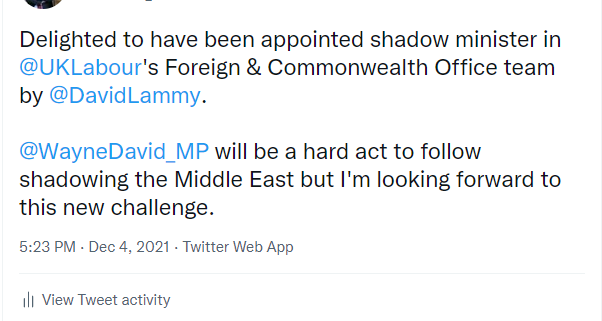 Tweet from Bambos Charalambous on new role as Shadow Foreign Office Minister for Middle East and North Africa