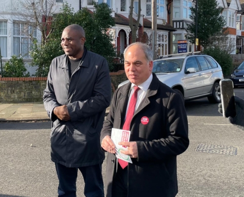 David Lammy and Bambos speaking to campaigners in Palmers Green