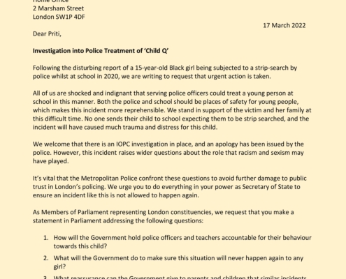 Letter to Priti Patel re Child Q