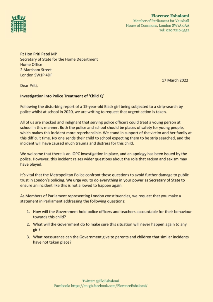 Letter to Priti Patel re Child Q