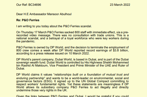 Letter to UAE Ambassador re P&O Ferries