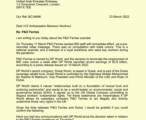 Letter to UAE Ambassador re P&O Ferries