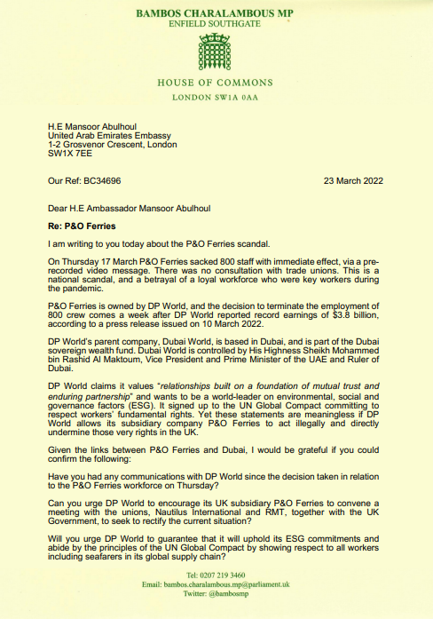 Letter to UAE Ambassador re P&O Ferries