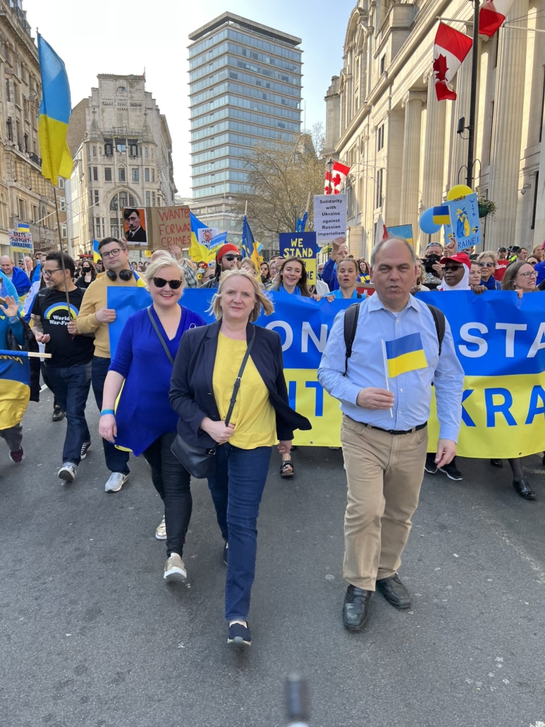 Bambos and Joanne McCartney marching in solidarity with Ukraine