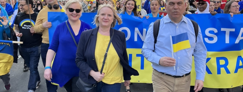 Bambos and Joanne McCartney marching in solidarity with Ukraine