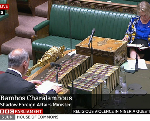 Bambos Charalambous MP speaking from the despatch box during the Urgent Question on religious violence in Nigeria