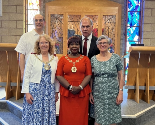 Bambos Charalambous MP attending the Rabbi Harry Jacobi lecture at Southgate Progressive Synagogue alongside the Mayor of Enfield and Mayor of Barnet