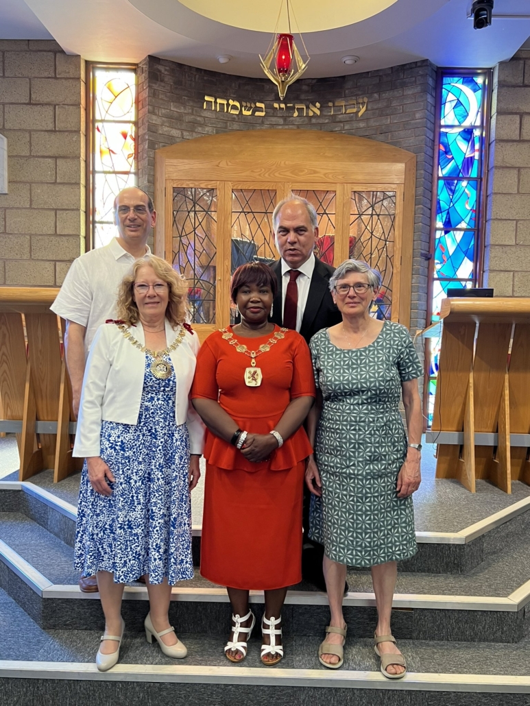 Bambos Charalambous MP attending the Rabbi Harry Jacobi lecture at Southgate Progressive Synagogue alongside the Mayor of Enfield and Mayor of Barnet