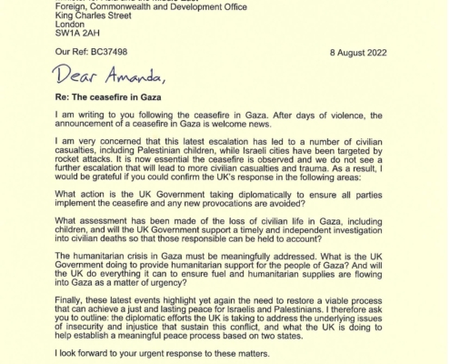 Bambos Charalambous MP letter re Gaza ceasefire
