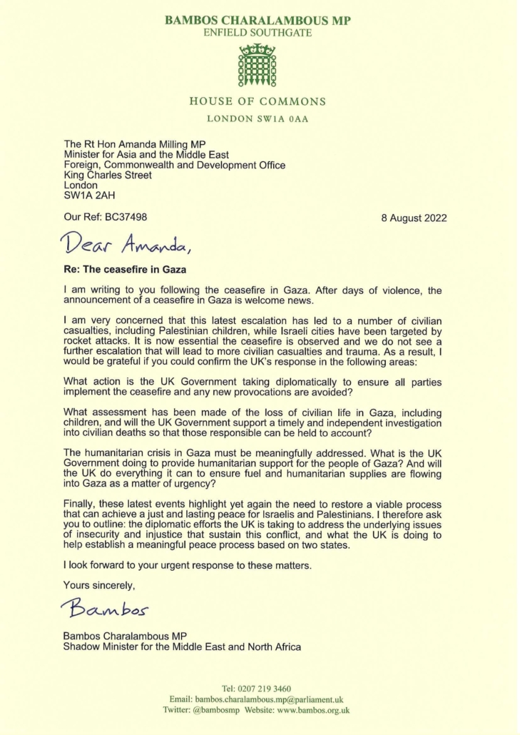 Bambos Charalambous MP letter re Gaza ceasefire