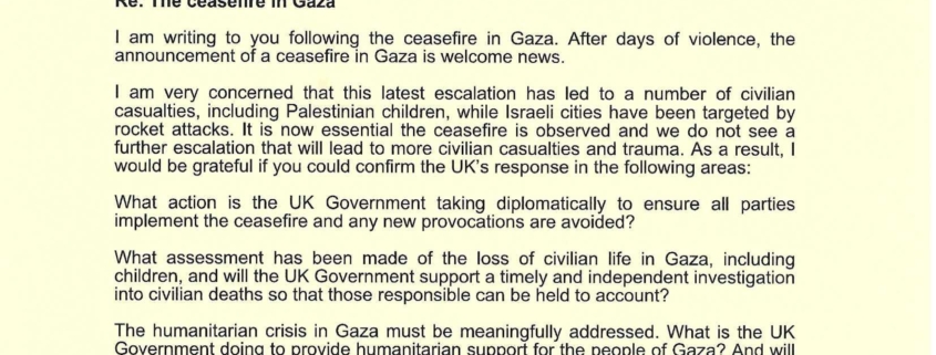 Bambos Charalambous MP letter re Gaza ceasefire