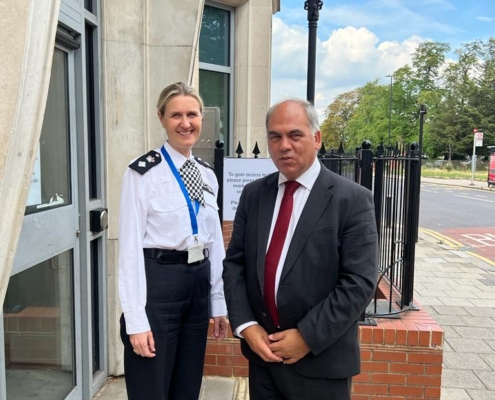 Bambos Charalambous MP and Borough Commander Caroline Haines outside Wood Green Police Station