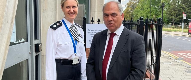 Bambos Charalambous MP and Borough Commander Caroline Haines outside Wood Green Police Station