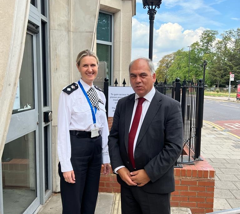 Bambos Charalambous MP and Borough Commander Caroline Haines outside Wood Green Police Station