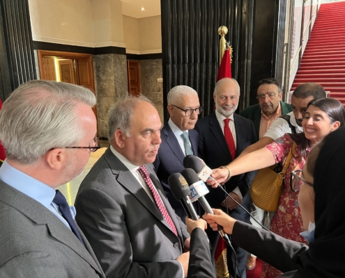 Bambos Charalambous MP speaking to reporters during visit to Morocco