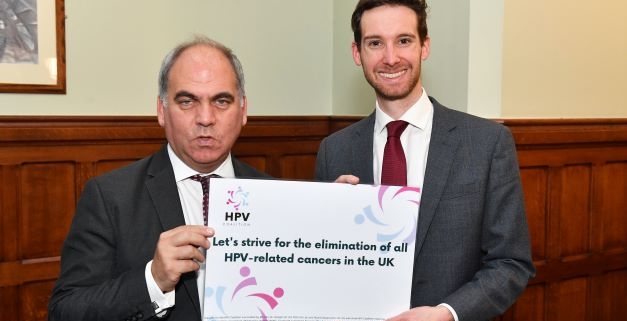 Bambos Charalambous MP with David Winterflood, Chief Executive of NOMAN Campaign, in Parliament during the HPV Coalition event