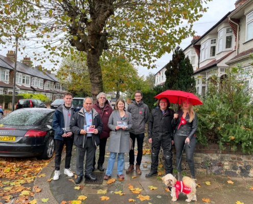 Bambos Charalambous MP and local campaigners on the doorstep in Arnos Grove