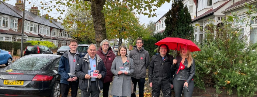 Bambos Charalambous MP and local campaigners on the doorstep in Arnos Grove