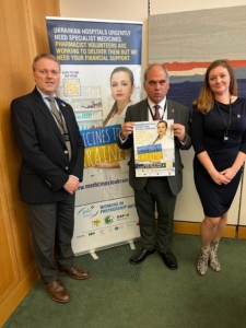 Bambos Charalambous MP supporting the Medicines to Ukraine campaign in Parliament