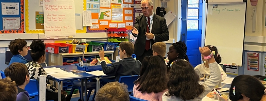 Bambos Charalambous MP speaking to pupils from De Bohun primary school