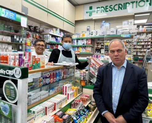 Bambos Charalambous MP at N R Patel Pharmacy in Bowes on Small Business Saturday