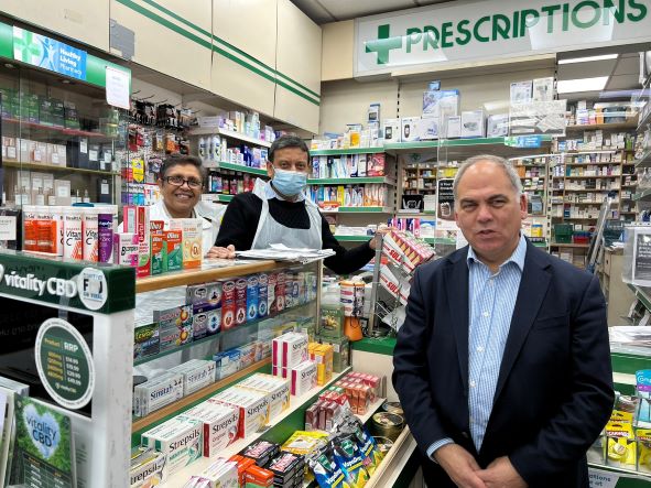 Bambos Charalambous MP at N R Patel Pharmacy in Bowes on Small Business Saturday