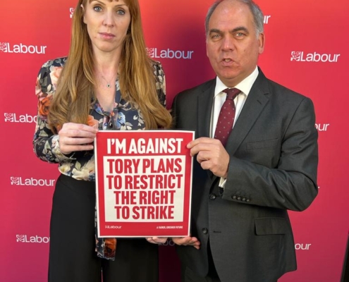 Bambos Charalambous MP and Angela Rayner MP standing against Tory plans to restrict the right to strike