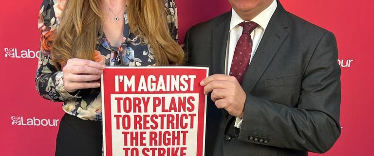 Bambos Charalambous MP and Angela Rayner MP standing against Tory plans to restrict the right to strike