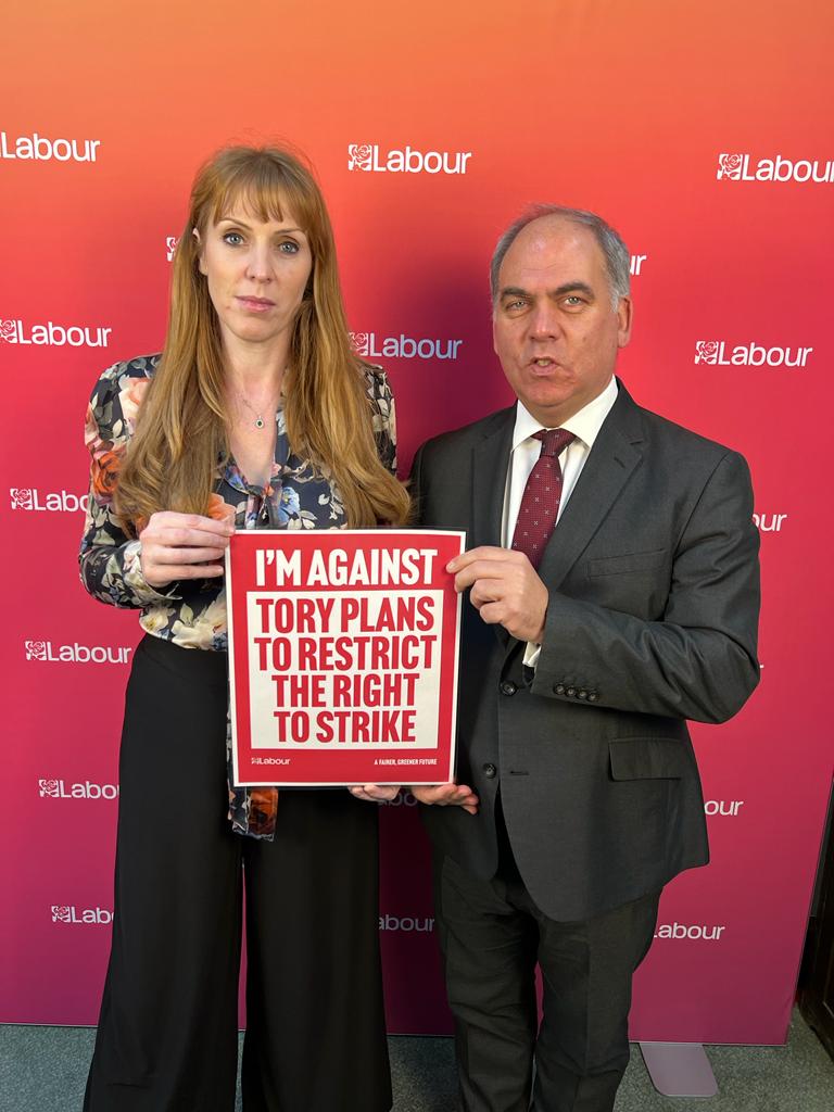Bambos Charalambous MP and Angela Rayner MP standing against Tory plans to restrict the right to strike