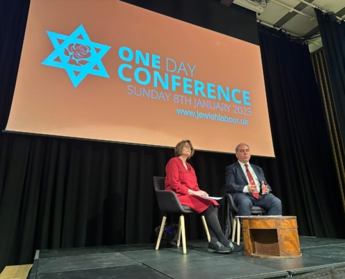 Bambos Charalambous MP and Louise Ellman on stage at the Jewish Labour Movement one day conference