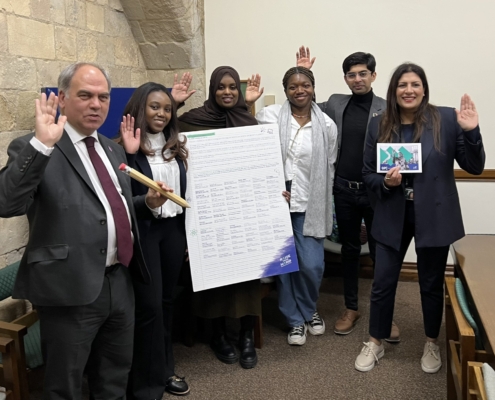 Bambos Charalambous MP and Preet Gill MP with GPE youth leaders in Parliament on International Day of Education