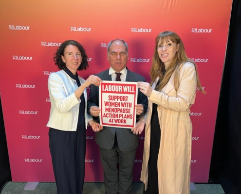 Bambos Charalambous MP, Anneliese Dodds MP and Angela Rayner MP supporting Labour's plans for menopause action plans at work