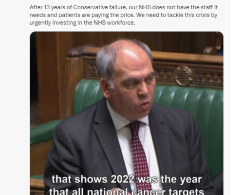 Cancer waiting times were the worst on record last year, according to Macmillan. After 13 years of Conservative failure, our NHS does not have the staff it needs and patients are paying the price. We need to tackle this crisis by urgently investing in the NHS workforce.