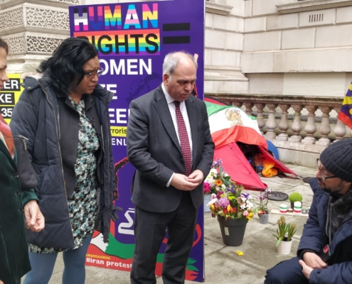 Bambos Charalambous MP, Catherine West MP and Janet Daby MP visiting Vahid Beheshti outside the Foreign Office