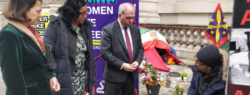 Bambos Charalambous MP, Catherine West MP and Janet Daby MP visiting Vahid Beheshti outside the Foreign Office