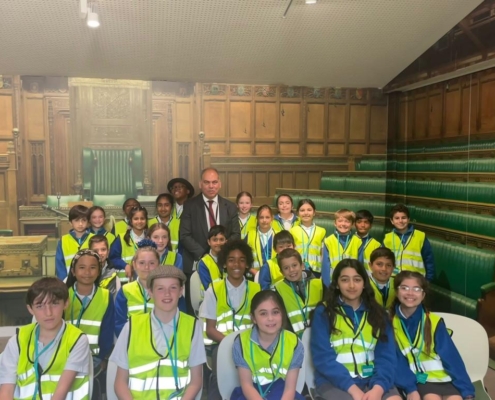 Bambos Charalambous MP with pupils from Eversley Primary School in Parliament