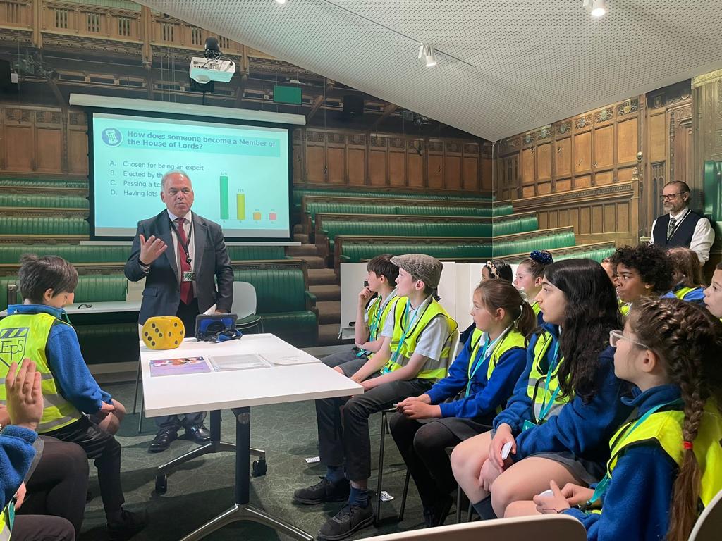 Bambos Charalambous MP with pupils from Eversley Primary School in Parliament