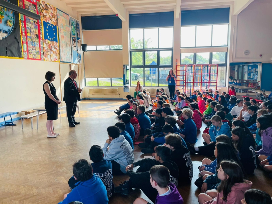 Bambos Charalambous MP and Bridget Phillipson MP speaking to pupils at Eversley Primary School