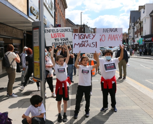 School children joining the protest against Merkur Slots in Palmers Green in 2021