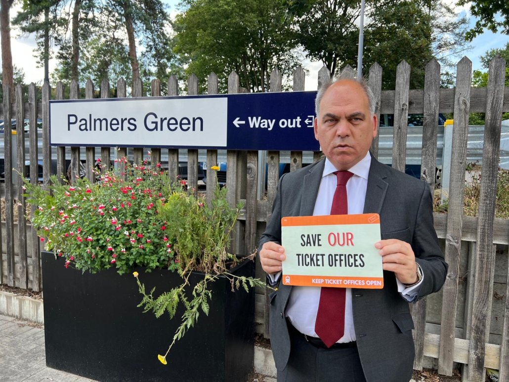 Bambos Charalambous MP campaigning against ticket office closures at Palmers Green station