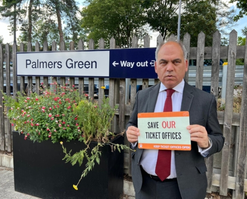 Bambos Charalambous MP campaigning against ticket office closures at Palmers Green station