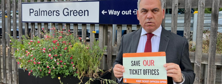 Bambos Charalambous MP campaigning against ticket office closures at Palmers Green station